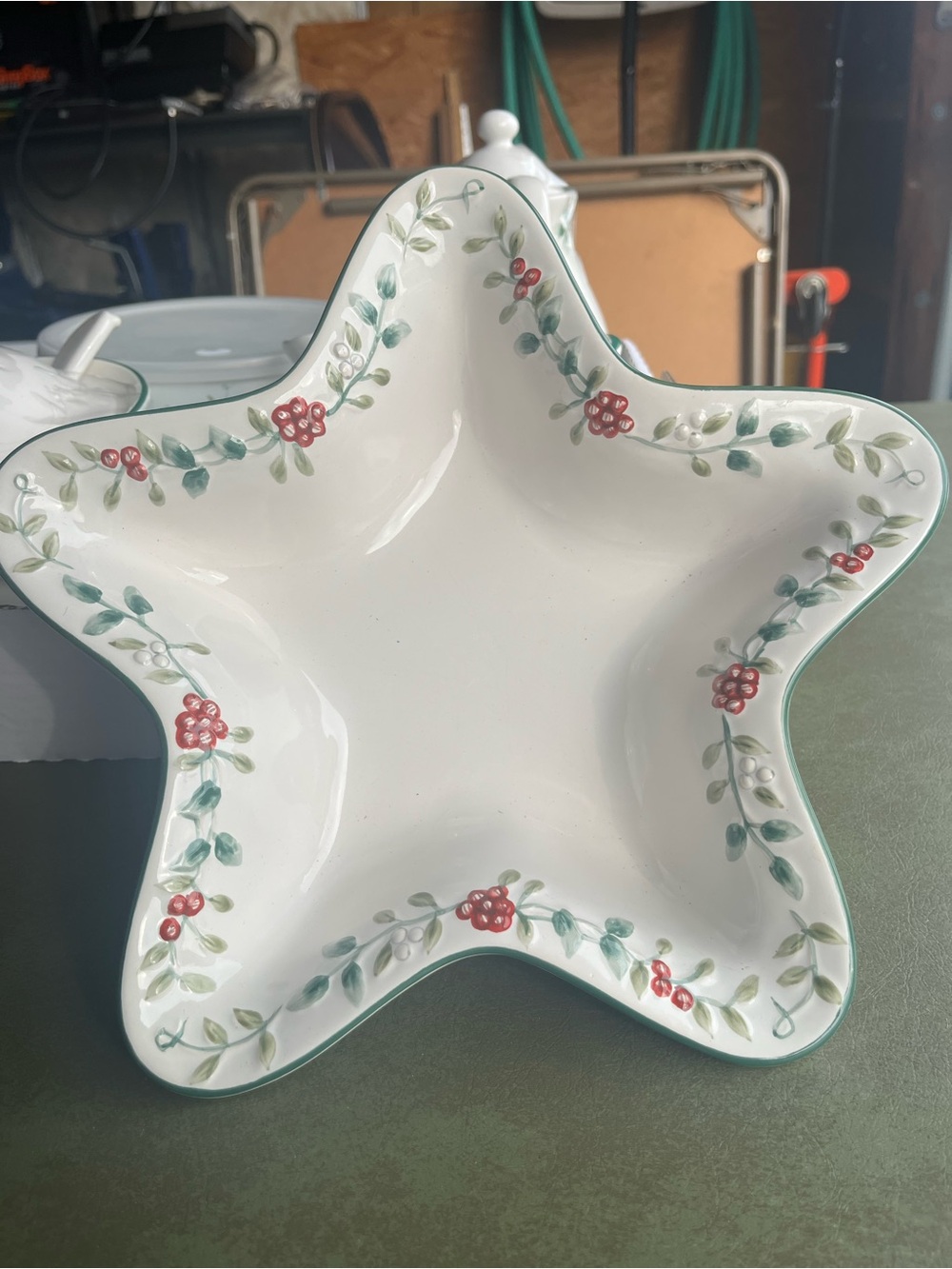 Pfaltzgraff White Star-Shaped Serving Bowl with Red Berry and Green Leaf Motif